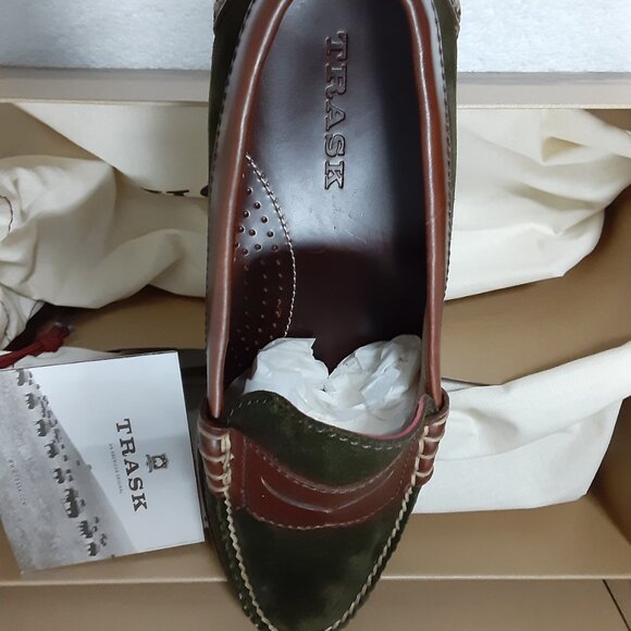 TRASK HUNTER MEN GREEN SUEDE DARK BROWN STEER LEATHER SLIP ON SHOES 11M - Picture 11 of 16